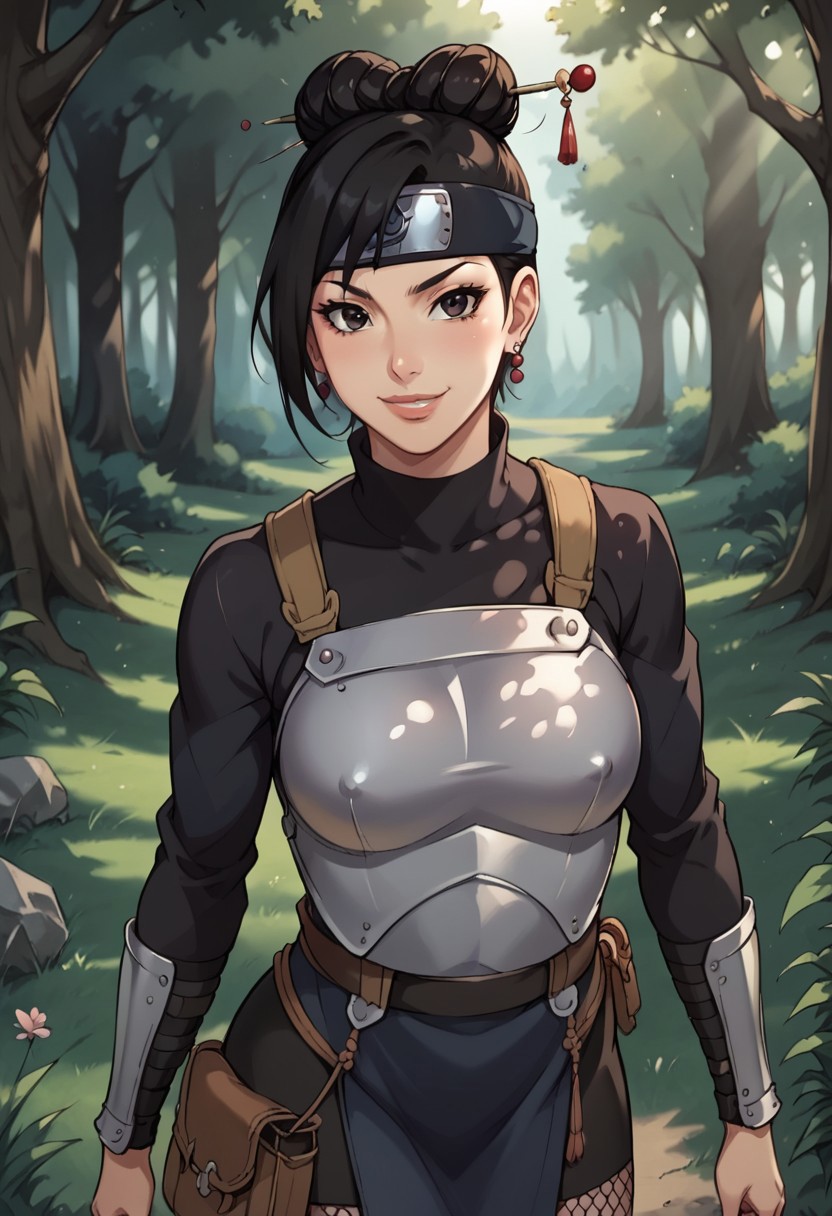 KoharuUtataneNS, 1girl, solo, beautiful kunoichi, dark eyes, black hair, short hair, hair is pulled back, twin bun, hairpin with two pearls dangling, hair ornament, forehead protector, earrings,  large breast, lips,  shinobi outfit, simple black outfit, breastplate, arm guards, fishnet tights, skirt, pouch strapped to her back, bandages, sandals, jewelry, konohagakure symbol on protector, sash, long sleeves,
seductive pose, sexy pose, tease,  in the spotlight,,
smile,forest,,
score_9, score_8_up, score_7_up, beautiful aesthetic, very intricate, high quality details,vibrant, highly detailed, award-winning, professional,anime artwork, anime style, studio anime, athletic, curvy body, athletic girl, perky tits,large breast,perfect tits, round breasts, nipple outline,looking at viewer, pinup pose,teasing, dynamic lighting, cinematic, smug, better than you, aura of temptation, highly detailed, high resolution, masterpiece, detailed clother, detailed background, highly detailed, ((sound effects)) comic layout,
