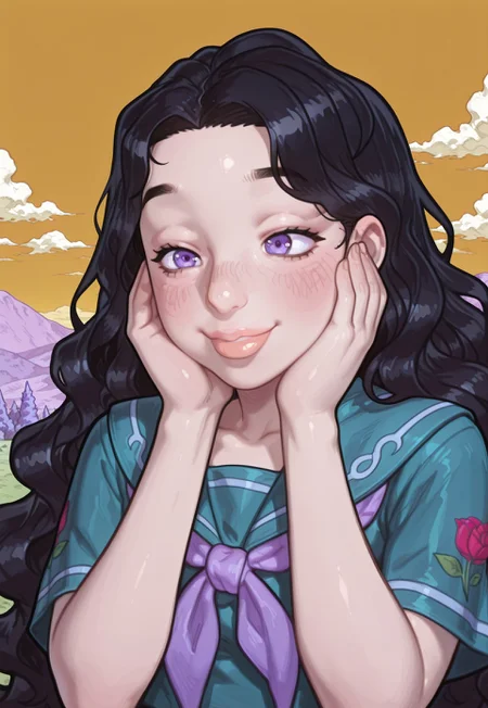 4k, fine detail, high quality eyes, masterpiece, best quality, amazing quality, geh1, 4s0r4, eigaka, possmach, artist:moriimee, 1 girl, solo girl, YukakoYamagishi, Black Hair, Long Hair, Wavy Hair, Purple Eyes, Arched Eyebrows, Lips, Teal Serafuku, Rose Sleeve Imprint, Lavender Bow, portrait, cute smile, blush, hands on cheeks, outdoors, yellow sky
