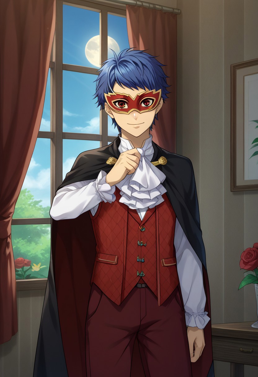 score_9, score_8_up, score_7_up, source_anime, highly detailed, 

Ichijou, 1boy, male focus, solo, blue hair, short hair, red eyes, mask, hair ornament, ascot, shirt, white shirt, vest, red vest, plaid, pants, red pants, flower, rose, feathers, cape, smile

indoor, window, curtains, moon,