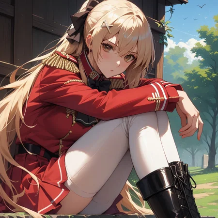 score_9, score_8_up, score_7_up, score_6_up, score_5_up, score_4_up,
1girl, Liscia Elfrieden, (/How a Realist Hero Rebuilt the Kingdom)/, (ultra HD quality details), blonde hair, straight hair, long hair, sidelocks, low ponytail, (brown eyes),
Regular uniform, red clothes, red uniform, epaulettes, cross bow tie, hair ornament, bow, sitting, hair bow, black bow, long boots, black boots, hairclip, white pant, short skirt, red skirt,
mouth opened, hiding, focusing on colorful beetle, portrait, face focus, upper body,