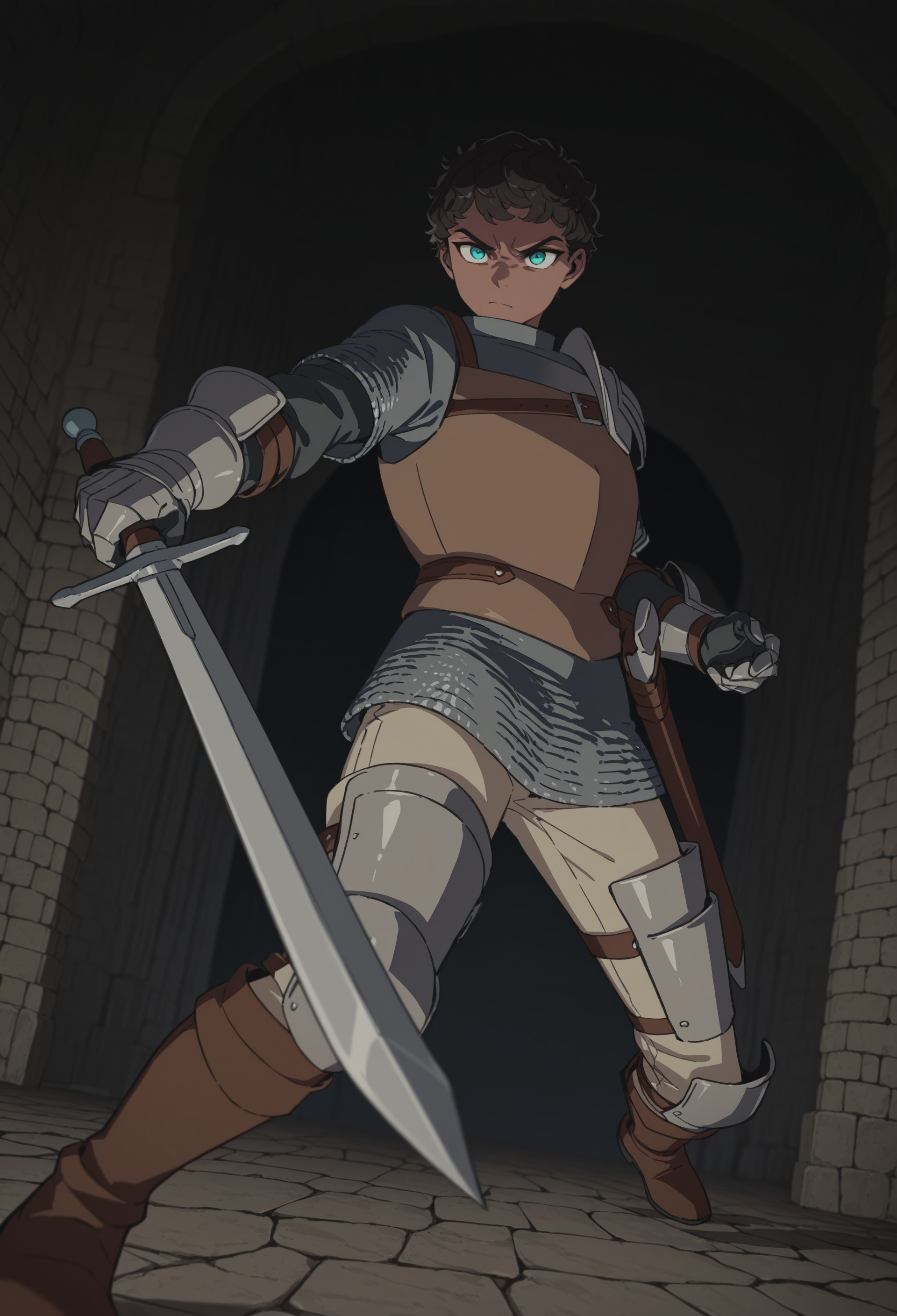 masterpiece, best quality, newest, Dunmeshi_Kabru, 1boy, brown hair, very short hair, curly hair, aqua eyes, dark skin, armor, gorget, chainmail, single pauldron, cuirass, vambraces, gauntlets, cuisses, greaves, brown belt, sheath, scabbard, short over long sleeves, black turtleneck sweater, beige pants, brown boots, sword, weapon, holding sword, holding weapon, dynamic pose, perspective, dungeon, dark, angry