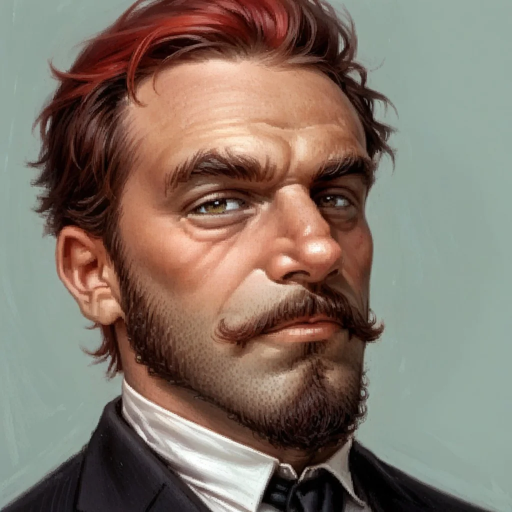 score_8, score_8_up, score_7_up, arcanum_portrait, portrait, traditional media, solo, simple background, 1boy, solo, male focus, facial hair, beard, red hair, goatee, smug, suit, adult, painting (medium)