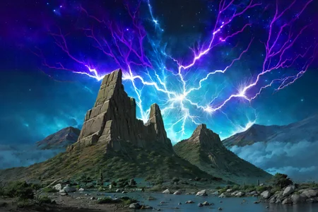 graphic novel flat colors style, cropped detail, fine intricate lineart, hatched shadows, illustration of a magical landscape,   BREAK a hughe hill with a single large decorative monument, night sky, stars, galaxy,    lighting strikes, rainy,    <lora:Detailed_Places_R-128_v1:1>   <lora:kVoidEnergy:0.8> V0id3nergy