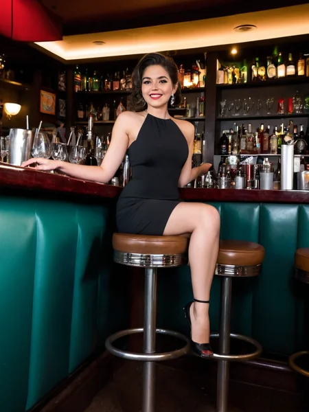 Cinematic fashion photograph Amina_Massoud_P_MXAI_SDXL , happy expression, wearing an elegant cocktail dress, sitting on a barstool in a crowded cocktail bar, ((full body shot)), low angle shot, shot from the side, PA7_Portrait-FL