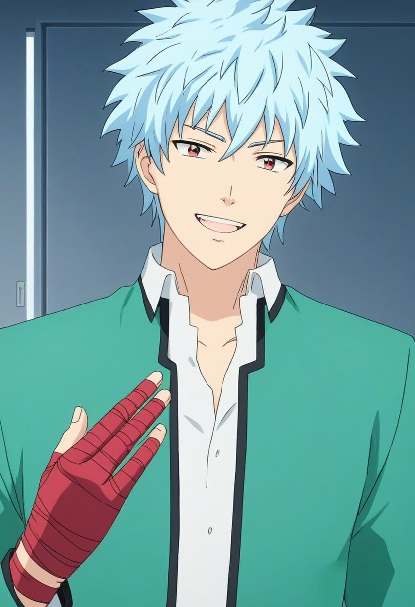 ((masterpiece)), ((best quality)), ((ultra-detailed)), score_9_up, score_8_up, score_7_up,
HD, top quality, best quality, High-quality illustrations, anime screencap, 1boy, 1male, anime, Shun Kaidou, light blue hair, red eyes, green blazer and pants, red hand bandages, happy, smiling, cute smile, school background, posing, handsome posing