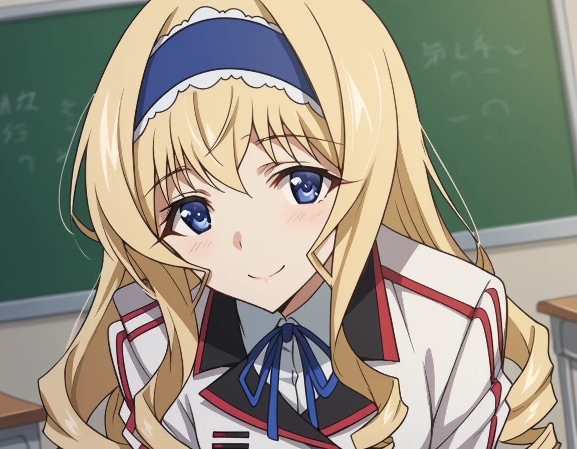 score_9, score_8_up, score_7_up, source_anime,
ceciliaalcott, <lora:cecilia-alcott-s2-ponyxl-lora-nochekaiser:1>,
cecilia alcott, long hair, blue eyes, blonde hair, hairband, drill hair, blue hairband,
school uniform, ribbon, blue ribbon, long sleeves, red trim, uniform, military uniform, white military uniform,
indoors, classroom, bent over, smile,
looking at viewer, cowboy shot, solo, dutch angle,