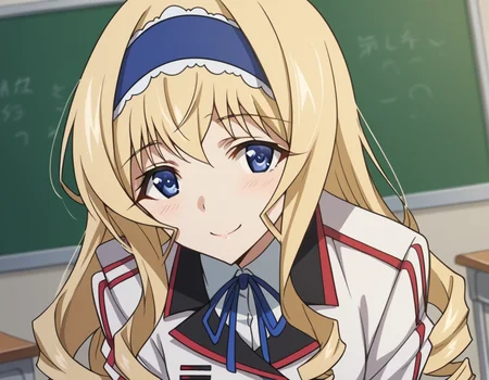 score_9, score_8_up, score_7_up, source_anime,
ceciliaalcott, <lora:cecilia-alcott-s2-ponyxl-lora-nochekaiser:1>,
cecilia alcott, long hair, blue eyes, blonde hair, hairband, drill hair, blue hairband,
school uniform, ribbon, blue ribbon, long sleeves, red trim, uniform, military uniform, white military uniform,
indoors, classroom, bent over, smile,
looking at viewer, cowboy shot, solo, dutch angle,