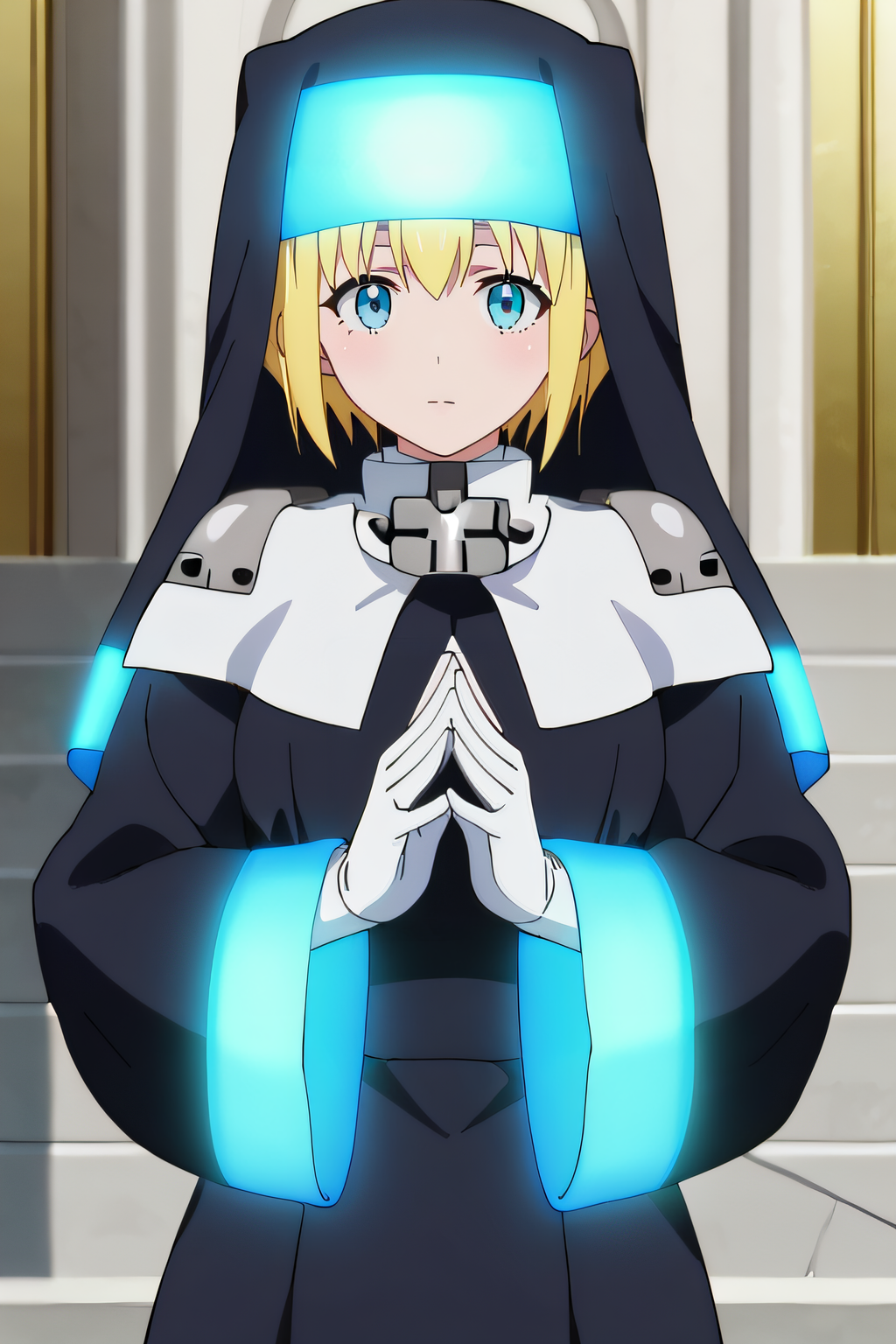 score_9, score_8_up, score_7_up, source_anime, rating_safe, intricate details, anime screencap, official style, 1girl, solo, <lora:Sister_Iris:1>, iris, blonde hair, blue eyes, short hair, nun, black habit, shoulder armor, long sleeves, white gloves, wide sleeves, glowing cuffs, looking at viewer, outdoor, cowboy shot