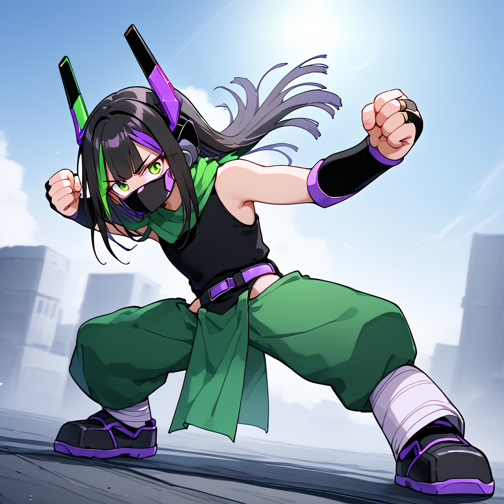 <lora:pixgkb:1> solo, p1x, streaked hair, black hair, green eyes, mouth mask, green pelvic curtain, two-tone pants, brown scarf, sleeveless black shirt, purple belt, purple jewelry, black bridal gauntlets, robot ears, bandaged legs, black shoes,
 <lora:Concept_Pepe_punch_meme:0.8> P3P3_PUNCH, fist