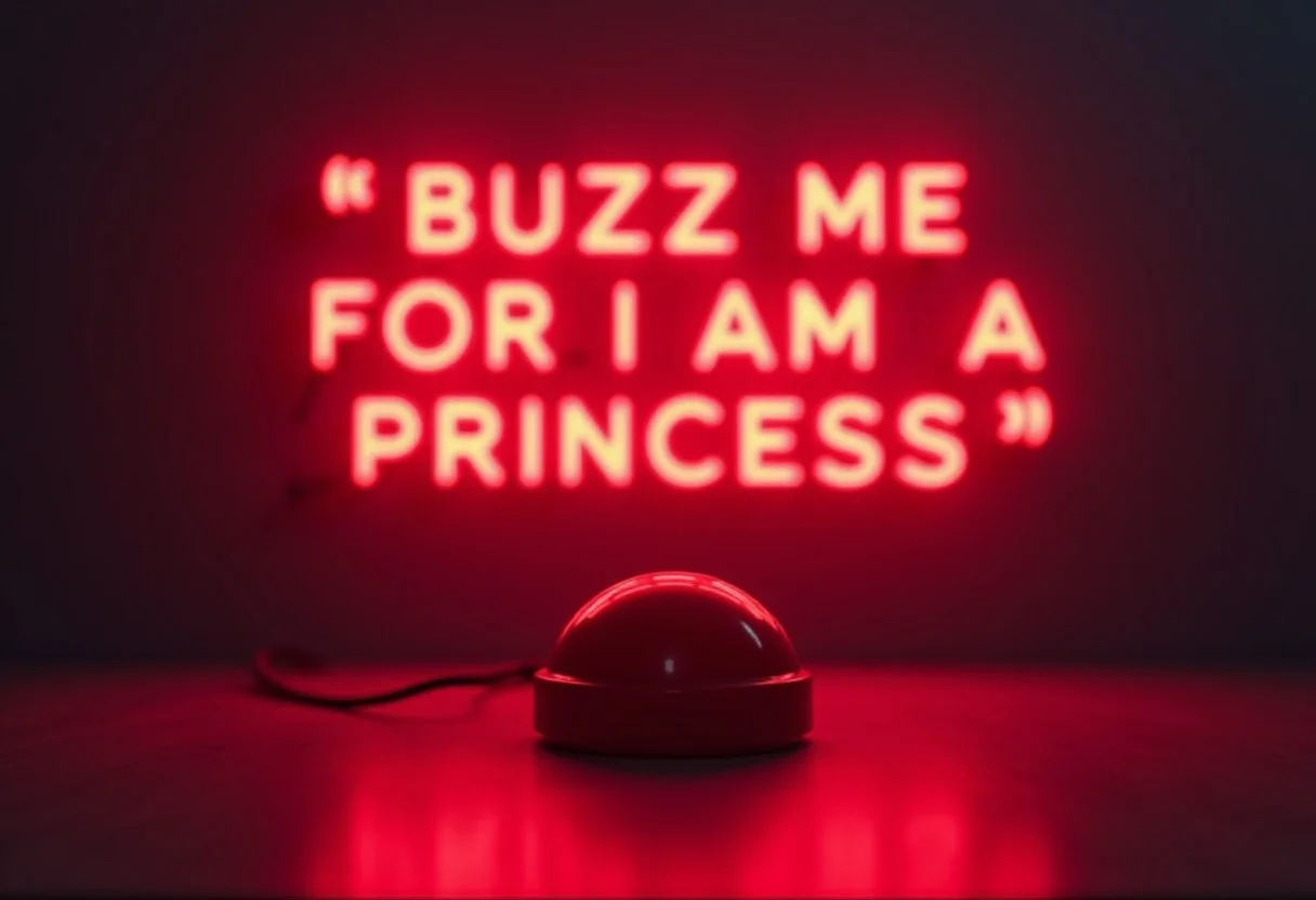 Highest_Resolution comicstyle game Show Red buzzer on table in focus blinking neon Letters over buzzer (Letters READ "BUZZ ME FOR I AM A PRINCESS")