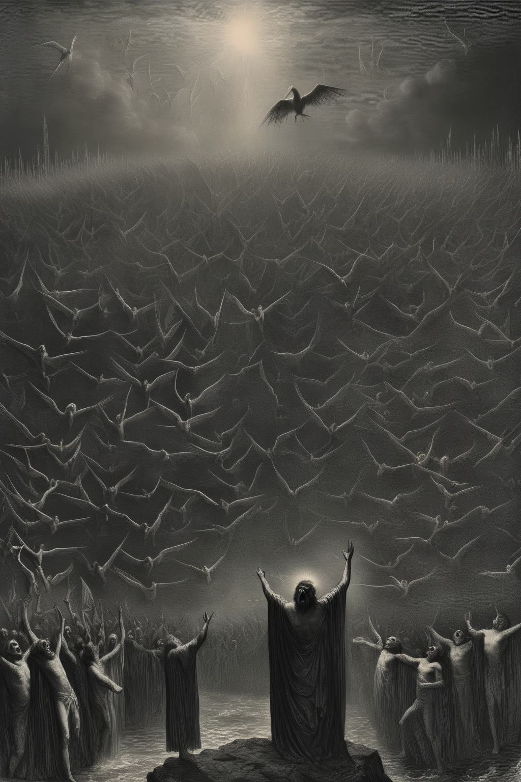 <lora:Gustave Dore Style:1>Gustave Dore Style - Embody Gustave Dor's vision of the Purgatory scene from Dante's Purgatorio, Canto 18, as if directing a film. Set your camera high above the sea of slothful souls, using a drone or crane shot to capture the vast multitude from a bird's-eye view. As you descend closer to the crowd, shift to a wide-angle lens to create a sense of space and depth, emphasizing the massiveness of the scene. Cut to a series of close-up and medium shots, focusing on individual souls trapped in their sluggish movements. Throughout, play with contrasts of ethereal light and foreboding darkness to underscore the torment and divine grace at play. Very colorful, unreal engine, 8k