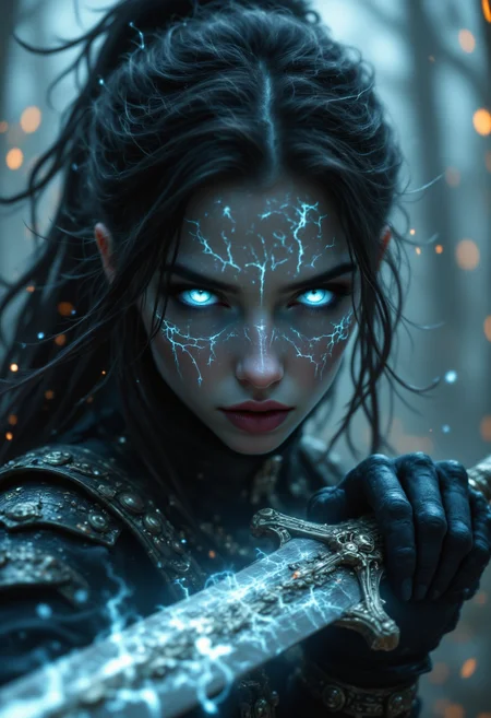Image is a digital fantasy artwork featuring a fierce female warrior with glowing blue eyes and intricate, lightning-like patterns across her face. She has long, dark hair tied back in a high ponytail, and her skin is pale. The warrior is clad in dark, ornate armor with metallic details, gripping a sword that emits a blue, electric aura. The background is a blurred, mystical forest setting with small, glowing embers floating around, enhancing the magical atmosphere. The overall color palette is cool, dominated by blues and grays, with contrasting warm orange sparks. <lora:aidmaFLUXpro1.1:1> aidmafluxpro1.1