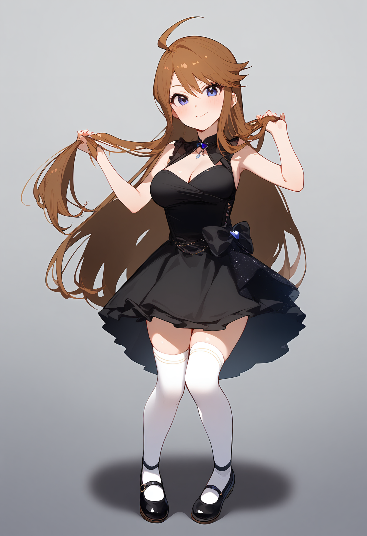 1girl,
tokoro megumi,


ahoge, looking at viewer, cleavage, sleeveless, dress, holding, brown hair, skirt, smile, black footwear, shoes, long hair, full body, closed mouth, zettai ryouiki, solo, heart, sleeveless dress, grey background, thighhighs, miniskirt, holding hair, large breasts, standing, white thighhighs, blue eyes, black dress, blush, breasts, black skirt, gradient background, mary janes,

sfw
<lora:a31_char_new_tokoro_megumi-000018:1> <lora:a31_style_koni-000010:0.8>