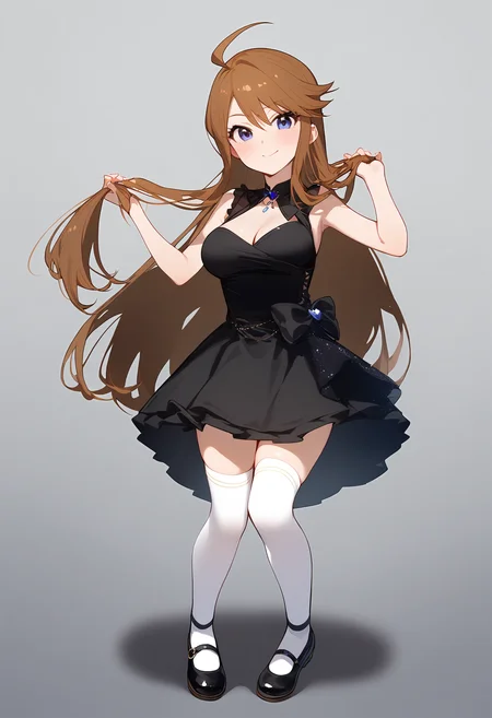 1girl,
tokoro megumi,
ahoge, looking at viewer, cleavage, sleeveless, dress, holding, brown hair, skirt, smile, black footwear, shoes, long hair, full body, closed mouth, zettai ryouiki, solo, heart, sleeveless dress, grey background, thighhighs, miniskirt, holding hair, large breasts, standing, white thighhighs, blue eyes, black dress, blush, breasts, black skirt, gradient background, mary janes,
sfw
<lora:a31_char_new_tokoro_megumi-000018:1> <lora:a31_style_koni-000010:0.8>