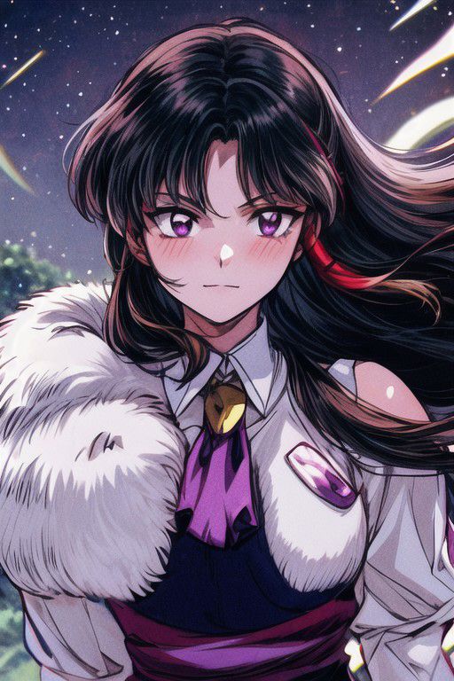 masterpiece,  best quality 1girl Setsun4 solo long hair,  (night time) forest background black hair very long hair purple eyes multicolored hair armor (fur trim) (medium body),<lora:EMS-179-EMS:0.800000>,<lora:EMS-293862-EMS:0.800000> bow, hair_bow, hair_tubes, red_bow, brown_hair, long_hair, bangs, ascot, frilled_bow, yellow_ascot, blush, smile, hair_between_eyes, athletic, armor