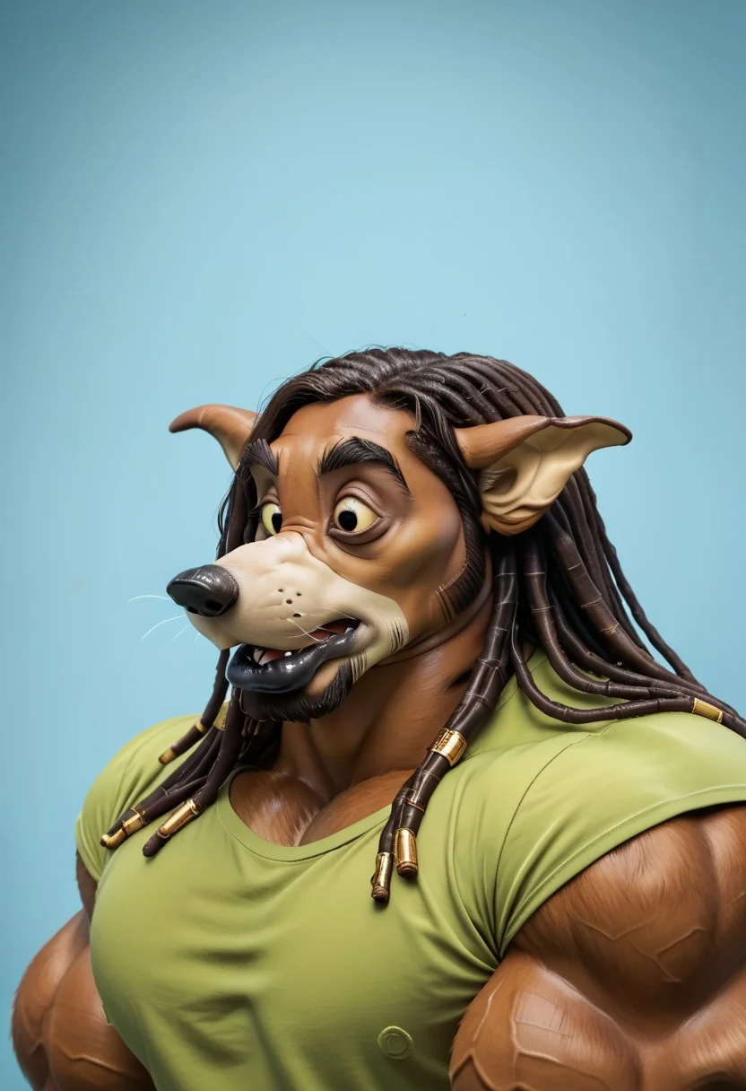score_9, score_8_up, score_7_up, score_6_up, score_5_up, score_4_up, realistic, detailed face, detailed eyes, detailed fur, furry male, 1boy, ((headshot)), Masterpiece,
BREAK
Don Karnage, source:furry, canine furry, tan fur, cream snout, thick eyebrows, notched ear, black nose, ((hyper muscles,)) (Fur-GnS, Goatee, Chin Goatee, Facial Hair, Sideburns, , musk clouds, muttonchops, long dreadlocks, lots of dreadlocks, heavy dreadlocks, brown hair, Green shirt, dynamic pose, motion lines,)
BREAK