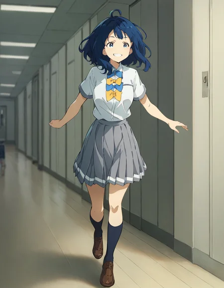 score_9, score_8_up, score_7_up, source_anime, BREAK
1girl, solo, indoors, hallway, walking, full body,
anna yanami, blue hair, medium hair, ahoge, blue eyes, grin,
school uniform, white collared shirt, short sleeves, blue bow, yellow bow, grey pleated skirt, blue kneehighs, brown footwear,
<lora:anna_yanami_anime-soralz:1>