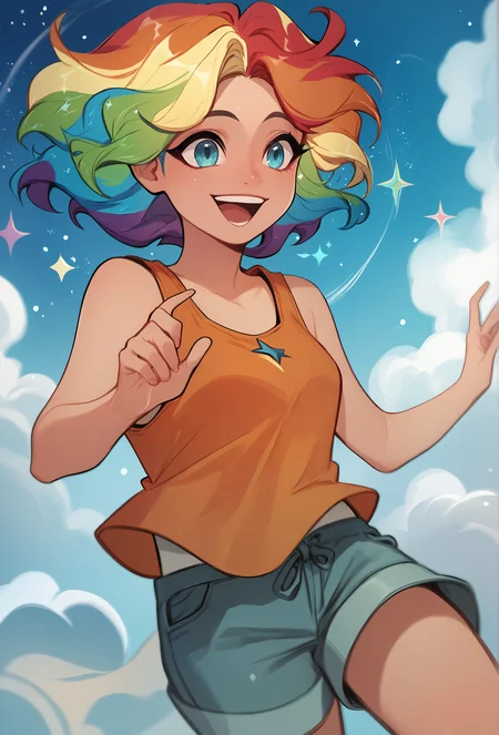 score_9, score_8_up, score_7_up:1, depth of field, bokeh, outdoors, wind, blue sky, (cloud:1.1) cloudscape, starry sky
<lora:glacierclear_style_ponyXL_v2.3:1> gclearstyle, 1girl, medium hair, rainbow hair, light blue eyes, happy, eye reflection, tank top, shorts, floating