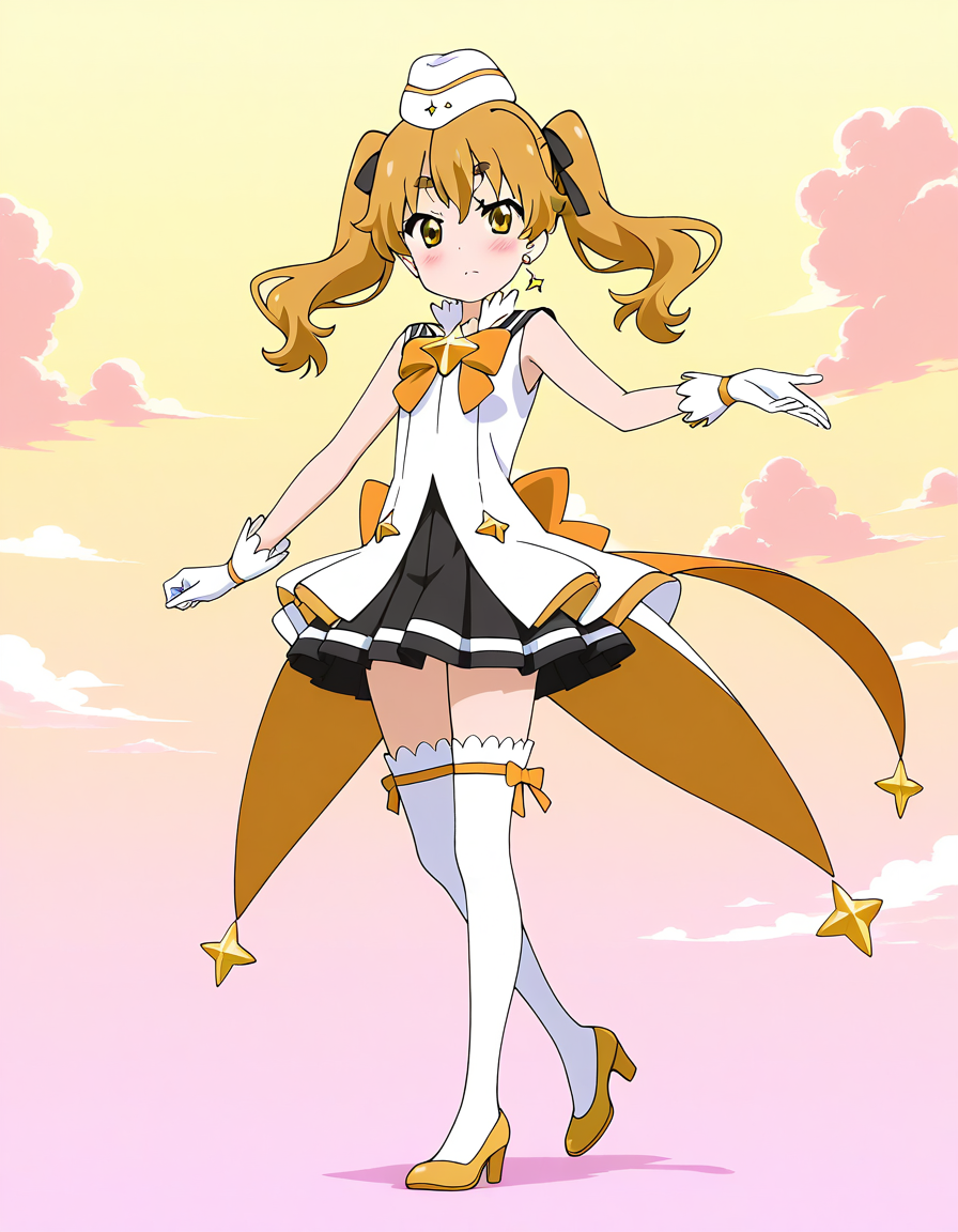 general,highres, ultra-detailed,very aesthetic,best quality ,best hands,  BREAK  <lora:Hikaru_Houkago_no_Pleiades_IS:1> Hikaru(Pleiades), 1girl,solo, twintails, blonde hair, yellow eyes,long hair, hair ribbon, black bow,
thick eyebrows, anime coloring,
gloves, thighhighs, hat, skirt, looking at viewer, white gloves, jewelry, earrings, high heels, white thighhighs, star (symbol), 
full body, bow, blush, yellow footwear, pleated skirt, standing, magical girl, sleeveless, short hair,
sky, cloud,