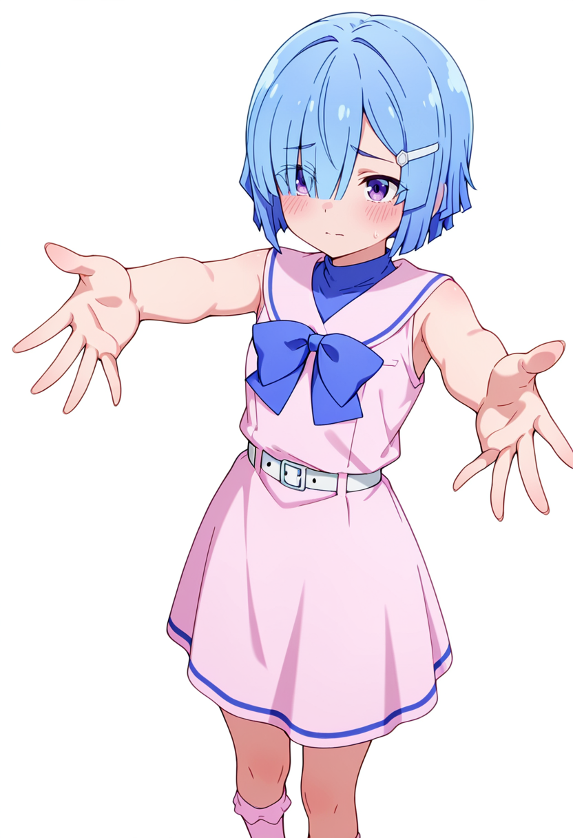 masterpiece,high quality details, absurdres,
 <lora:Imose_Mimika:0.8>
mimika_cnr, 1girl, blue hair, short hair, hair over one eye, purple eyes,eyes visible through hair,hairclip,
mimika_s1, sleeveless, pink dress, sailor collar, white belt, bow,bowtie,pink socks,mary janes,, simple background, white background, front view,solo,, blush,worried,, arms spread wide,other hand reaching forward,upright posture,