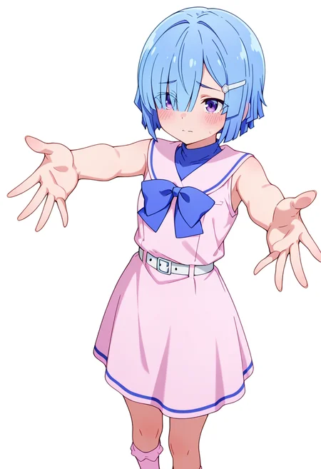 masterpiece,high quality details, absurdres,
<lora:Imose_Mimika:0.8>
mimika_cnr, 1girl, blue hair, short hair, hair over one eye, purple eyes,eyes visible through hair,hairclip,
mimika_s1, sleeveless, pink dress, sailor collar, white belt, bow,bowtie,pink socks,mary janes,, simple background, white background, front view,solo,, blush,worried,, arms spread wide,other hand reaching forward,upright posture,