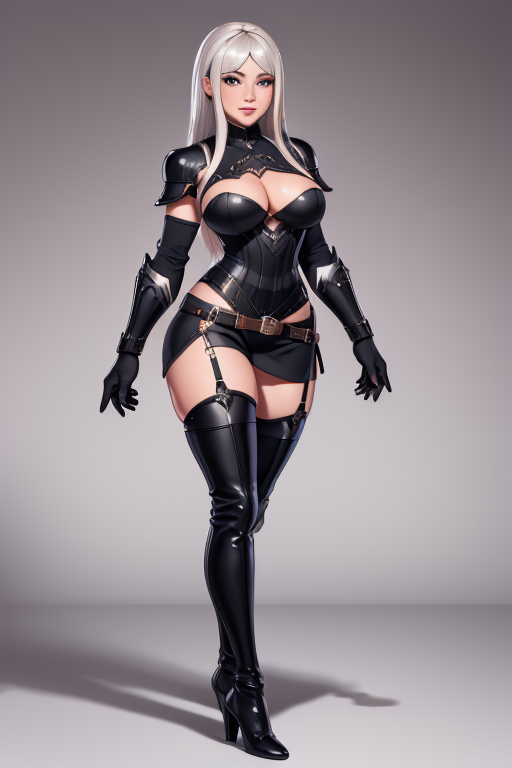 (masterpiece, best quality, highres:1.2), angelise_armor, black plate armor, black high heel thigh high boots