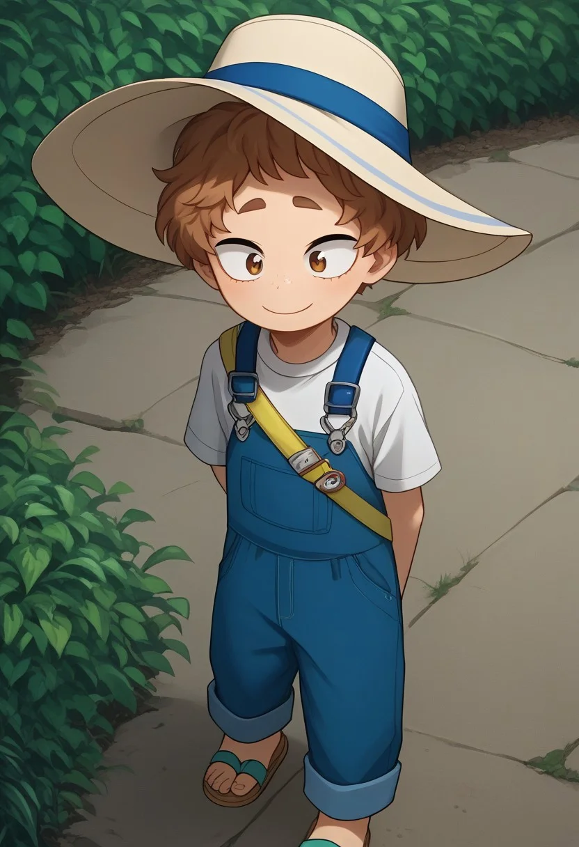 score_9, score_8_up, score_7_up, source_anime, highly detailed, cute boy, 1boy, solo, young, katsuma, sun hat, curly hair, light brown hair, brown eyes, white t-shirt, knee length overalls, hands behind back, shy smile, sandals, looking at viewer, avoiding eye contact, looking down