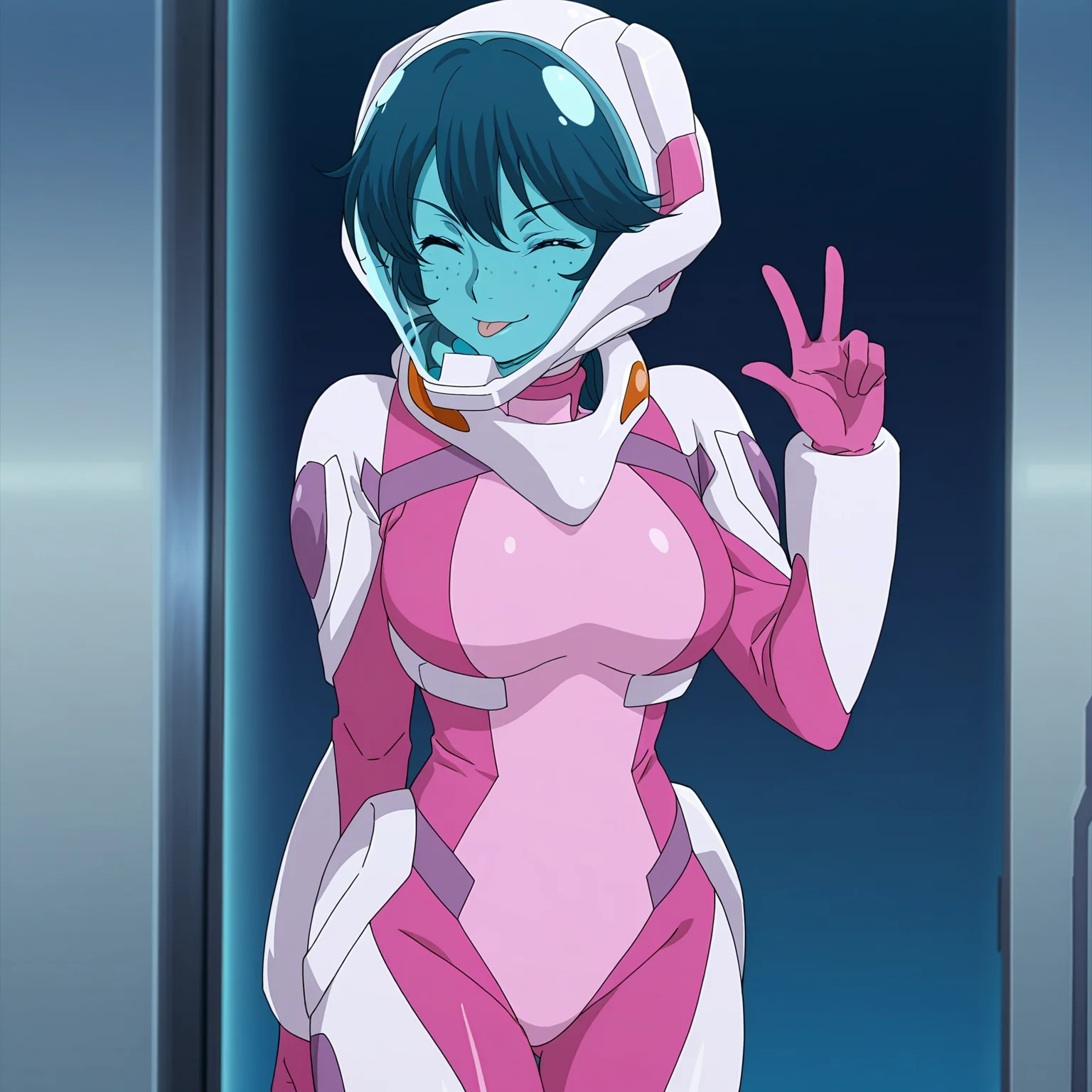 masterpiece, best quality, amazing quality, anime screencap, 1girl, solo, standing, cowboy shot, ;P, <lora:NenaTrinity:0.9>, NenaTrinity, freckles, large breasts, pink pilot suit, helmet, blue lens