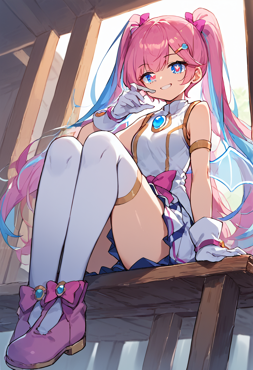 score_9,score_8_up,score_7_up,source_anime,zPDXL3,wooden bench,sitting,smile,closed eyes,from below,
*//*,<lora:Angelic_Buster-v1.0:1.1>,ab_remaster,1girl,pink hair,(multicolored hair,blue hair,:1.1)long hair,blue eyes,twintails,white gloves,sleeveless,white thighhighs,wings,pleated skirt,bangs,symbol-shaped pupils,heart-shaped pupils,hairclip,pink bow,pink footwear,
*//*,looking at viewer,cowboy shot,dutch angle,dynamic pose,