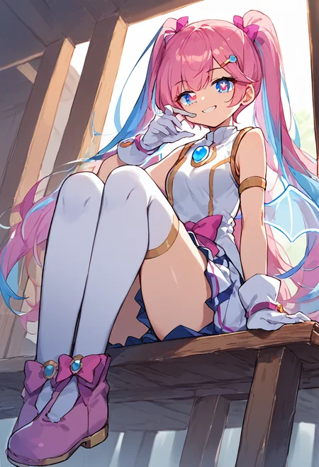 score_9,score_8_up,score_7_up,source_anime,zPDXL3,wooden bench,sitting,smile,closed eyes,from below,
*//*,<lora:Angelic_Buster-v1.0:1.1>,ab_remaster,1girl,pink hair,(multicolored hair,blue hair,:1.1)long hair,blue eyes,twintails,white gloves,sleeveless,white thighhighs,wings,pleated skirt,bangs,symbol-shaped pupils,heart-shaped pupils,hairclip,pink bow,pink footwear,
*//*,looking at viewer,cowboy shot,dutch angle,dynamic pose,