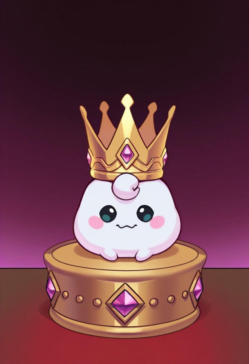DJco, Crown_(object), cute tiny creature with a crown sitting on a table, made of marshmallows, no humans, no characters