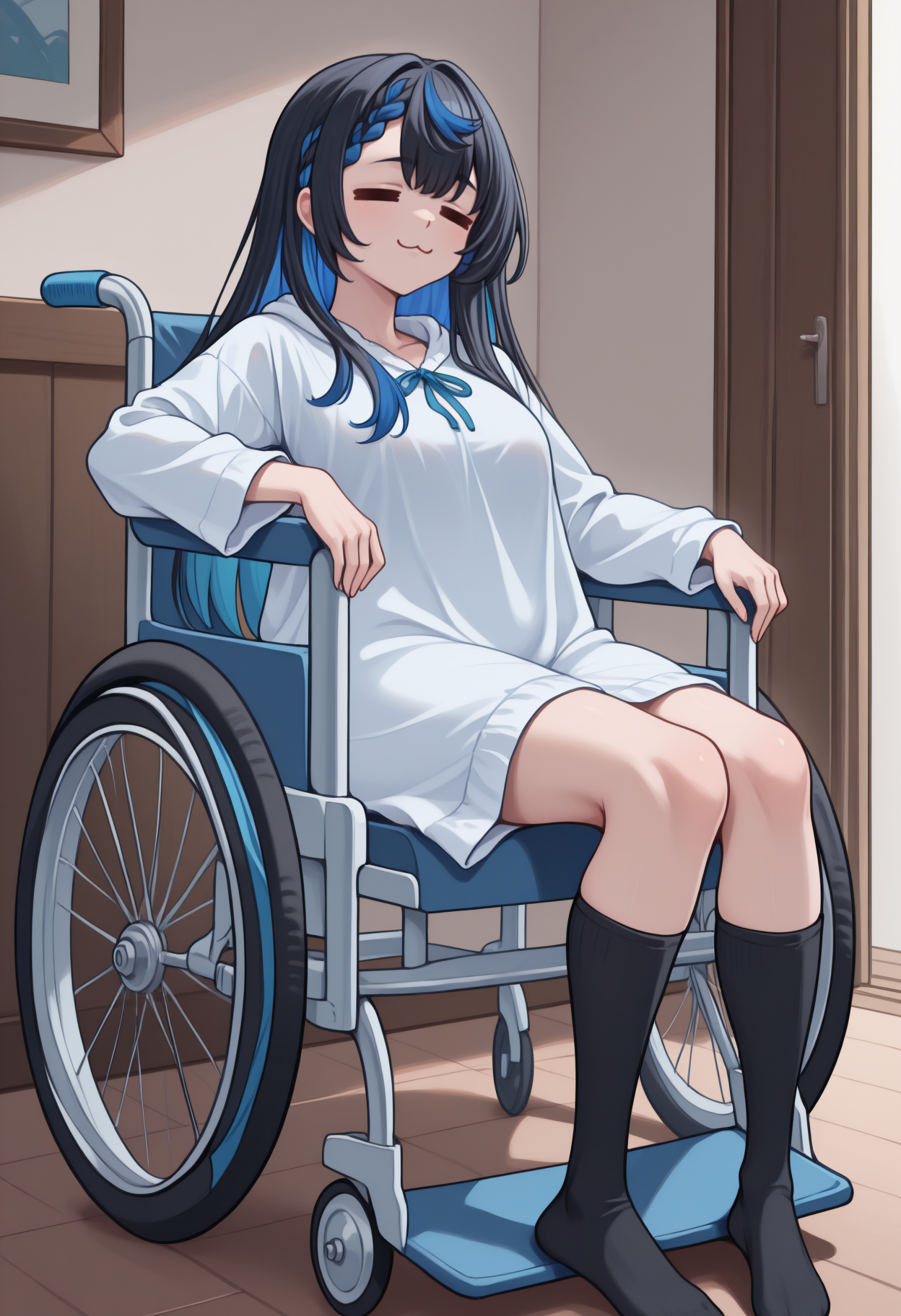 masterpiece, best quality, <break> full body, solo, 1girl, civitai-chan, :3, sitting, wheelchair, arm rest, long hair, colored inner hair, black hair, blue hair, braided bangs, = =, loungewear, white robe, long sleeves, black socks, kneehighs, indoors
<segment:yolo-Anzhc Face seg 640 v2 y8n.pt,0.4,0.5//cid=1>