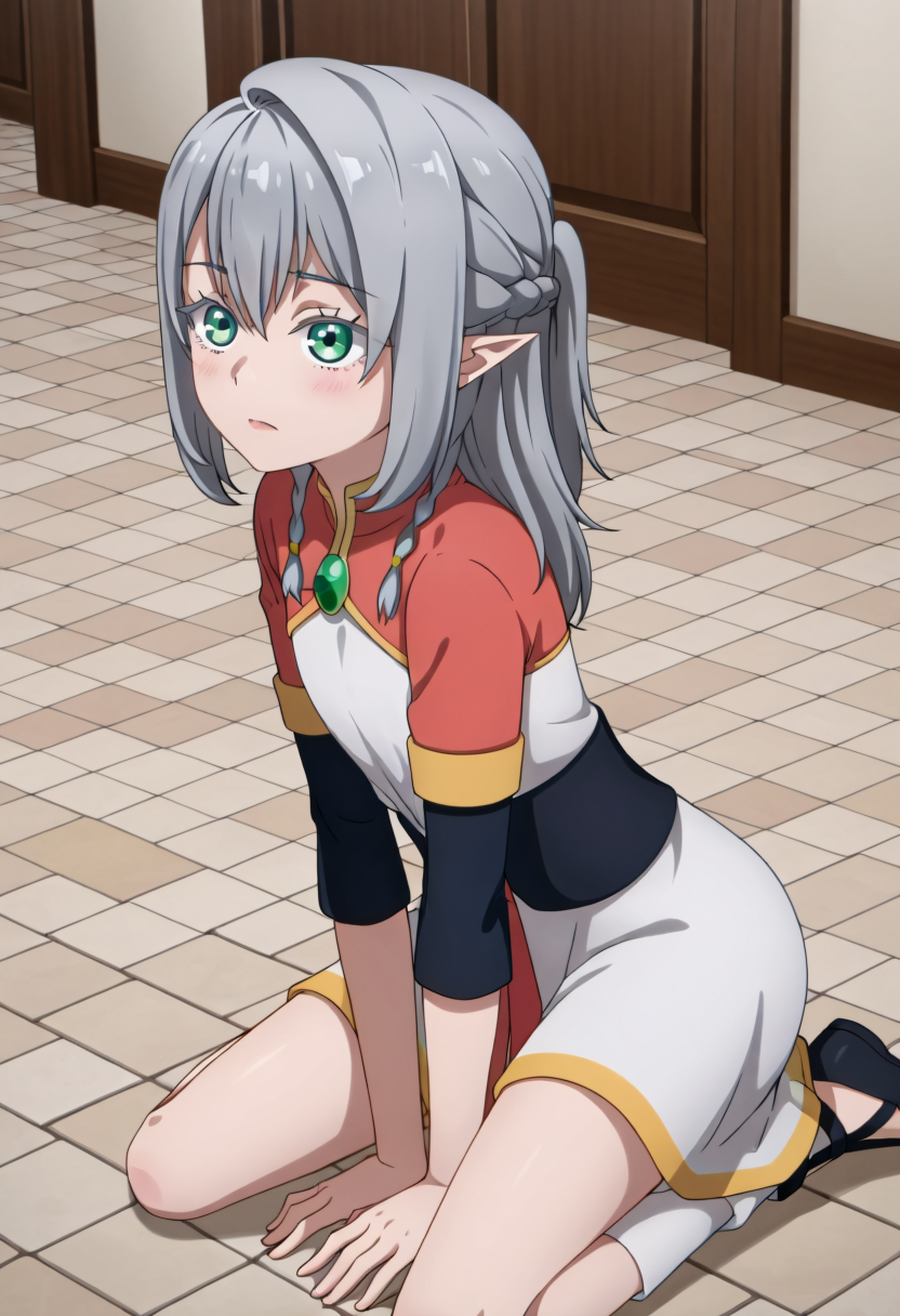 <lora:Young Tessia_IL:1>Young Tessia, 1girl, gray hair, pointed ears, elf, green eyes, white asymmetrical dress with yellow trim, red sash waist tie, black long-sleeve undershirt, green gem pendant necklace, white thigh-high socks, black crisscross strap shoes