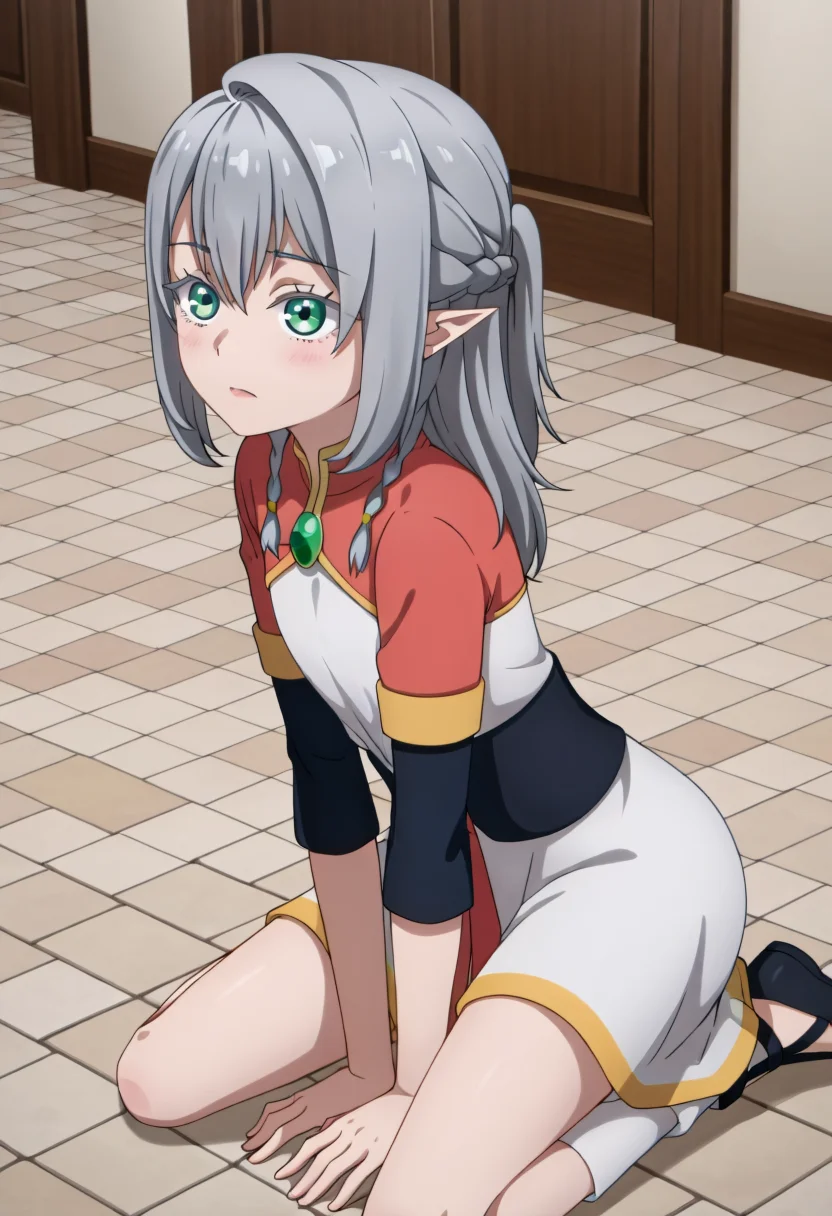 <lora:Young Tessia_IL:1>Young Tessia, 1girl, gray hair, pointed ears, elf, green eyes, white asymmetrical dress with yellow trim, red sash waist tie, black long-sleeve undershirt, green gem pendant necklace, white thigh-high socks, black crisscross strap shoes
