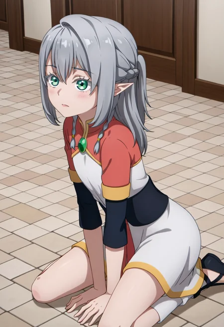 <lora:Young Tessia_IL:1>Young Tessia, 1girl, gray hair, pointed ears, elf, green eyes, white asymmetrical dress with yellow trim, red sash waist tie, black long-sleeve undershirt, green gem pendant necklace, white thigh-high socks, black crisscross strap shoes