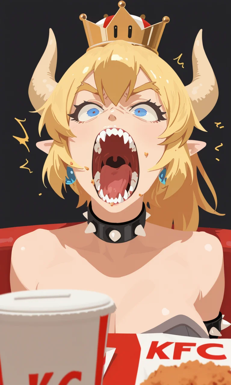 embedding:IllusP0s, g00se, no lineart, eating chiken, sitting, surprised, kfc, screaming, 1girl, solo, bowsette<lora:g00se_v3_ill.safetensors:1.0:1.0>