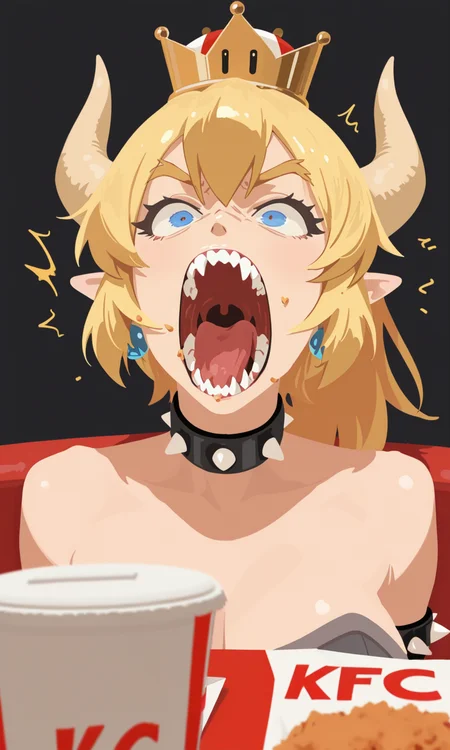embedding:IllusP0s, g00se, no lineart, eating chiken, sitting, surprised, kfc, screaming, 1girl, solo, bowsette<lora:g00se_v3_ill.safetensors:1.0:1.0>