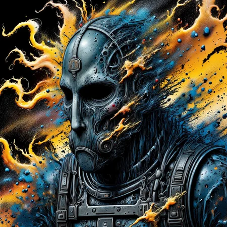 Zombie soldier wearing a biohazard gas mask, black and gold filigree, navy and gold vapor swirls, details in details