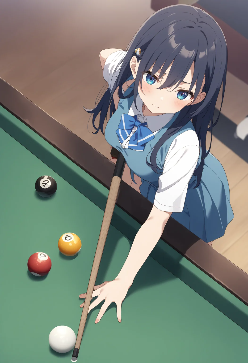 1girl,sincos, ningen mame, toosaka asagi,solo,medium breasts,school uniform,
billiards,cue stick, billiard ball, pool table, indoors,<lora:billiards_XL_v1:0.8>
from above, wide shot, looking ahead, blue hair, black eyes,facepalm,closed mouth, hime cut hair,,
best quality, very aesthetic, absurdres
