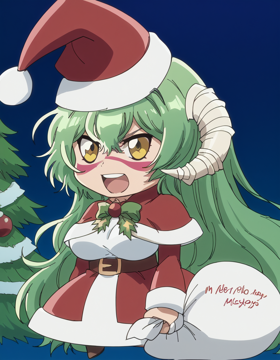 score_9, score_8_up, score_7_up, source_anime, <lora:nelliel-tu-odelschwanck-tybw-ponyxl-lora-nochekaiser:1>, nelliel tu odelschwanck, long hair, large breasts, facial mark, yellow eyes, mature female, anime screencap, <lora:padoru-ponyxl-lora-nochekaiser:1>, padoru, padoru (meme), holding sack, sack, santa hat, meme, christmas, open mouth, chibi, red capelet, santa dress, capelet, fur-trimmed headwear,, , cowboy shot, solo