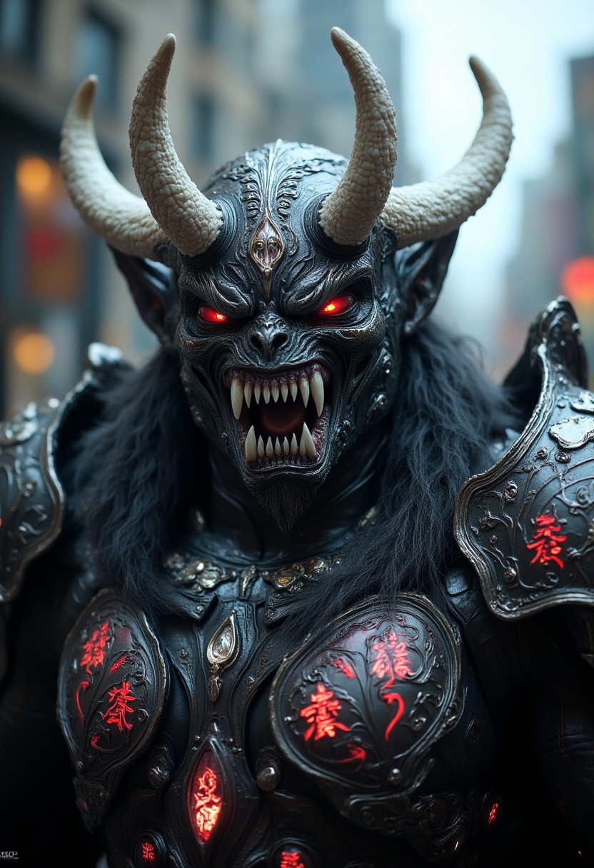 a hyper-realistic, professional-quality photograph of a this is a close up of the face of a demon with horns and fangs, by Tooth Wu, demon armor, fit male demon with white horns, doom demon, mechanical demon, 8k highly detailed ❤️‍🔥 🔥 💀 🤖 🚀, demon berserker,muscular wit armor with glowing red inscriptions ,in an apocalyptic city,midjourneyv6.1