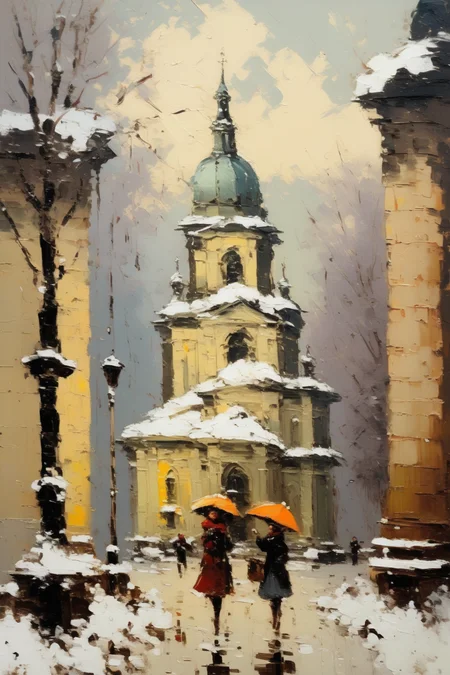 <lora:Konstantin Korovin Style:1>Konstantin Korovin Style - Classical oil painting of urban snow scene Antique oil painting, including baroque church, palette knife, highlighting the texture of brush strokes, award-winning works of oil painting masters. HD 32K