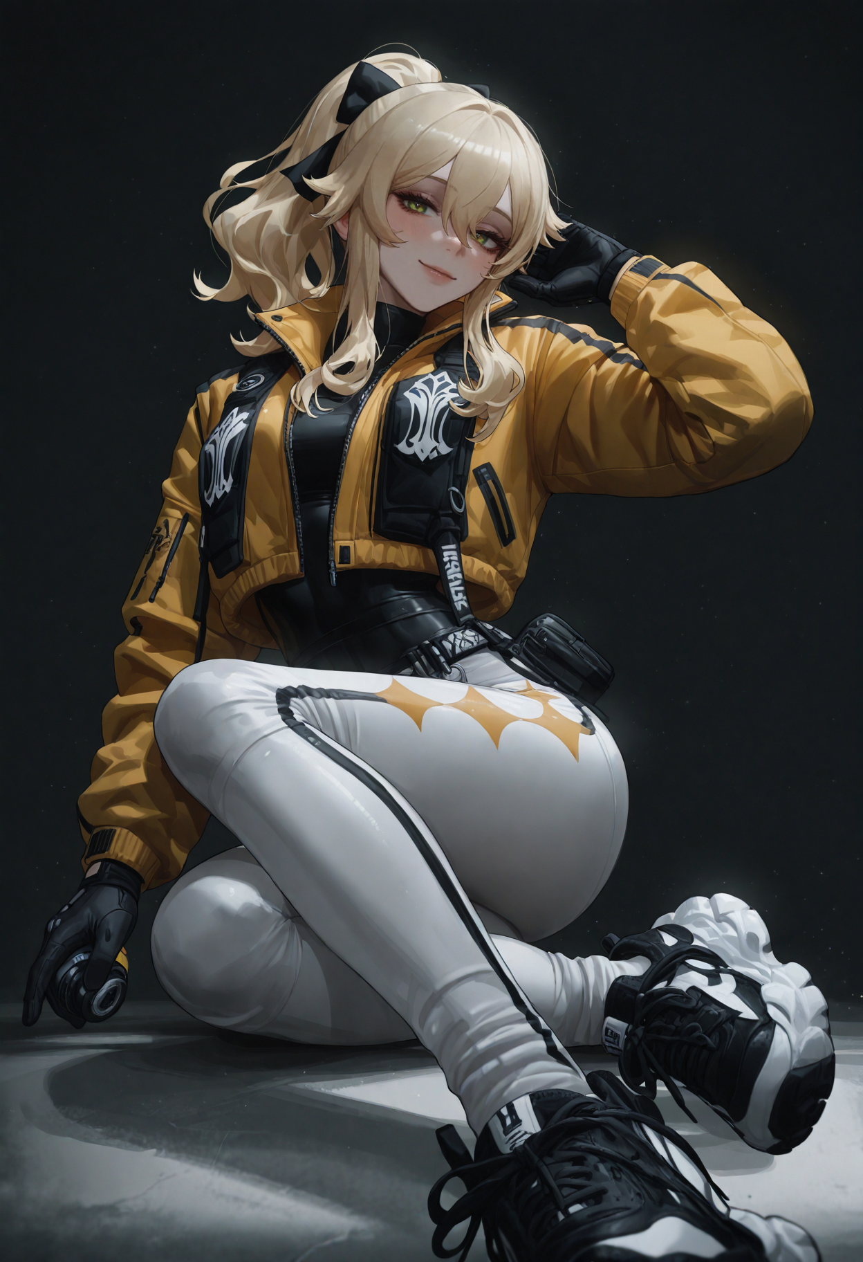 masterpiece,best quality,absurdres,very awa,highres,newest,year 2024,year 2023,<lora:illustrious_noobai_epsilon_pred_1_masterpieces_v1:0.7>,<lora:ponyv4_noob1_2_adamW:0.7>,<lora:spo_sdxl_10ep_4k-data_lora_webui:0.6>,<lora:add-detail-xl:0.35>,<lora:KonyaKarasue:0.4>,akramness,ekrea jan,nslacka,
sk997cos,sk01 jacket,sk02 sneakers,
yellow jacket,
BREK,
jean \(genshin impact\),
BREAK
fringe bangs,
BREAK
seductive smile,
black gloves,
Holding one hand out to side,palm forward,(white background:1.1),
<lora:997sk cosplay IL:1>,