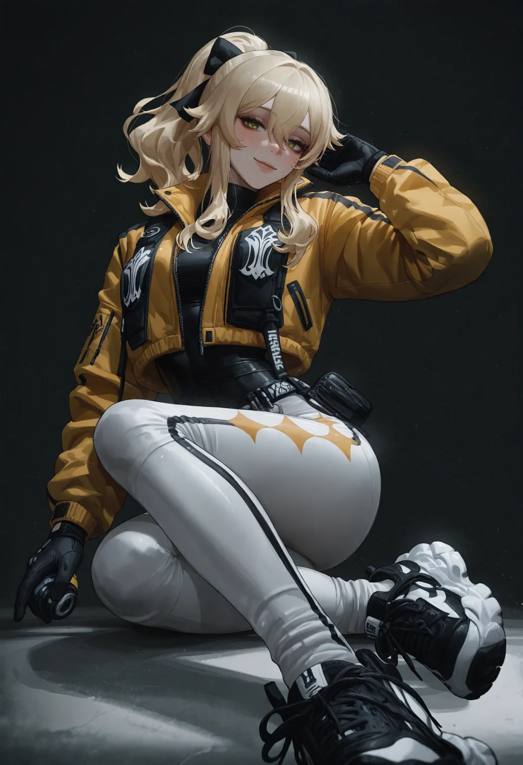 masterpiece,best quality,absurdres,very awa,highres,newest,year 2024,year 2023,<lora:illustrious_noobai_epsilon_pred_1_masterpieces_v1:0.7>,<lora:ponyv4_noob1_2_adamW:0.7>,<lora:spo_sdxl_10ep_4k-data_lora_webui:0.6>,<lora:add-detail-xl:0.35>,<lora:KonyaKarasue:0.4>,akramness,ekrea jan,nslacka,
sk997cos,sk01 jacket,sk02 sneakers,
yellow jacket,
BREK,
jean \(genshin impact\),
BREAK
fringe bangs,
BREAK
seductive smile,
black gloves,
Holding one hand out to side,palm forward,(white background:1.1),
<lora:997sk cosplay IL:1>,