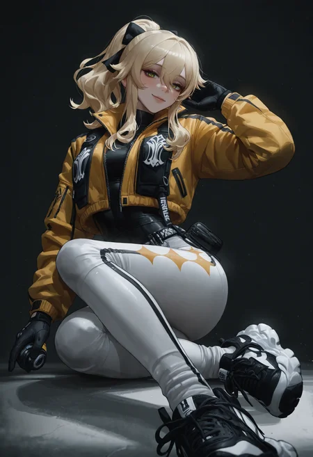 masterpiece,best quality,absurdres,very awa,highres,newest,year 2024,year 2023,<lora:illustrious_noobai_epsilon_pred_1_masterpieces_v1:0.7>,<lora:ponyv4_noob1_2_adamW:0.7>,<lora:spo_sdxl_10ep_4k-data_lora_webui:0.6>,<lora:add-detail-xl:0.35>,<lora:KonyaKarasue:0.4>,akramness,ekrea jan,nslacka,
sk997cos,sk01 jacket,sk02 sneakers,
yellow jacket,
BREK,
jean \(genshin impact\),
BREAK
fringe bangs,
BREAK
seductive smile,
black gloves,
Holding one hand out to side,palm forward,(white background:1.1),
<lora:997sk cosplay IL:1>,