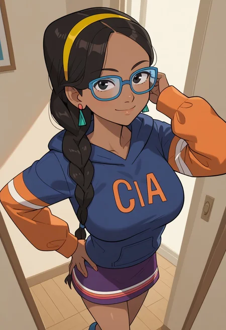 ((room background)),score_9, score_8_up, score_7_up,score_6_up,
1girl, solo, Sacagawea_CH, brown skin, black eyes, black hair, thick long hair, low braid, yellow hairband, blue frame glasses, teal triangle earrings, blue hoodie with white sleeves, purple skirt with stripes, light brown ankle boots, cute, tall stature, social smile, perfect eyes, perfect smile, looking at the viewer, detailed eyes, perfect eyes, standing, big breasts (front pose, front view, full body shot, high angle view:1) five fingers, perfect hands, (hand on hip, hand behind head)