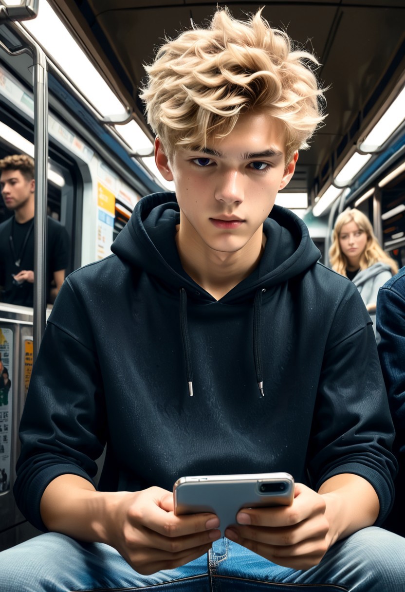 Male focus, stunning masterpiece, ((best quality:1.2)), ((photo of a boy looking at his phone)), handsome, cute, 18yo, twink, perfectly detailed handsome face, high cheekbones, strong jawline, detailed eyes, confident, short curly blonde hair, lithe, slim waist, BREAK ultra-high-definition, sharp details, high quality, realistic, natural textured skin, 16k, intricate details, Expressiveh, World class and stunning, BREAK unique angle, looking down, holding a phone, black hoodie, worn jeans, sitting, cold light, subway, crowd, Subw4y tr41n BREAK (posted on Instagram)