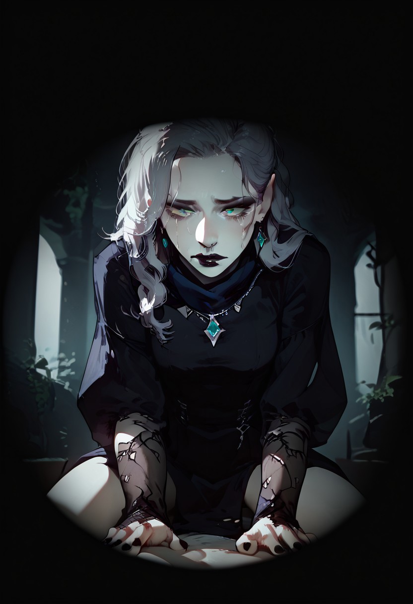 score_9, score_8_up, score_7_up, concept art, realistic, dark theme, perfect quality, masterpiece, highly detailed, dim light, Expressiveh, 4kFacePonyXL, ng_deepnegative_v1_75t,
anatomically perfect, bhands, glowing, neon lights,
gothic fantasy style, gothic grey ruins, outdoor scene, large stone coffin,
sideways pov, from below, 1male, fully clothed, lying on top of large stone coffin, 5L33PYM4L3P0V, falling asleep, darkening, eyelids closing, sight fading, body out of frame, looking up at girl, 
1girl, 30 years old woman, solo, tall regal figure, slender body, fit athletic body, beautiful face, pale skin, black boots, slightly torn elegant long black robes, thick robes, rags, robes covering body from neck to ankle, black scarf, holes in robe, dark black messy hair, waist length hair, long hair, large sexy eyes, vibrant green eyes, black nail polish, black lipstick, sad expression, crying, silver ring with ruby stone, silver diamond earrings, lace gloves, nose piercing, silver necklace with ruby medallion, standing over pov viewer, standing over pov viewer, looking down at viewer, blood on her hands,