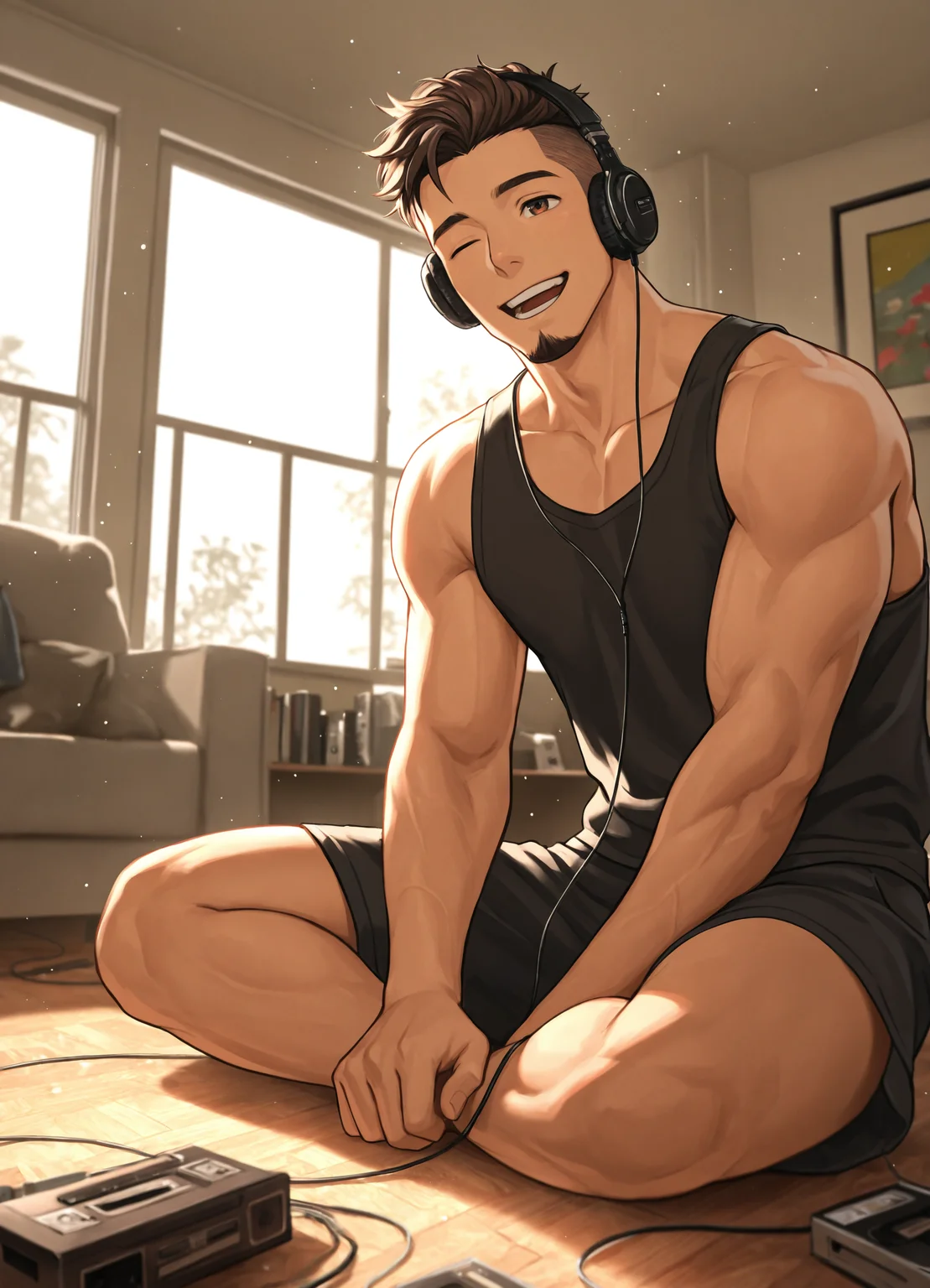 1boy, male focus, muscular, sitting on floor, listening to music, headphones, one eye closed, brown eyes, happy, tank top, shorts, goatee, undercut, cassette player, cassette tape, living room, window, soft lighting, bloom effect, subsurface scattering, particles, intricate cinematic background, very awa, masterpiece, best quality, absurdres, newest, perfect quality, detailed background, intricate details