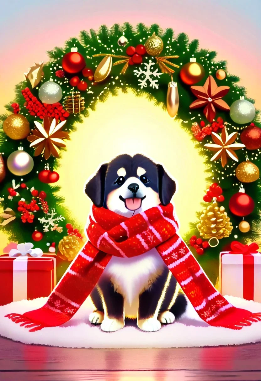 Animal Christmas, masterpiece, best quality, puppy, gift pouch, red scarf, eucalyptus backdrop, festive decorations, sunny day, bright colors, Christmas vibes, wrapped presents, playful pose, decorative ribbons, cheerful holiday, Australian theme, golden sunlight, Christmas cheer